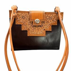John Wheeler Maker Hand Tooled Leather Floral Shoulder Bag Western Boho Brown